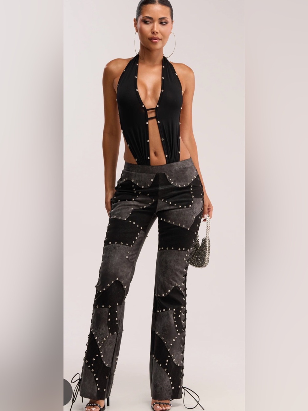AKIRA One Piece Jumpsuit! Black Patchwork Studded Wide-Leg Pants